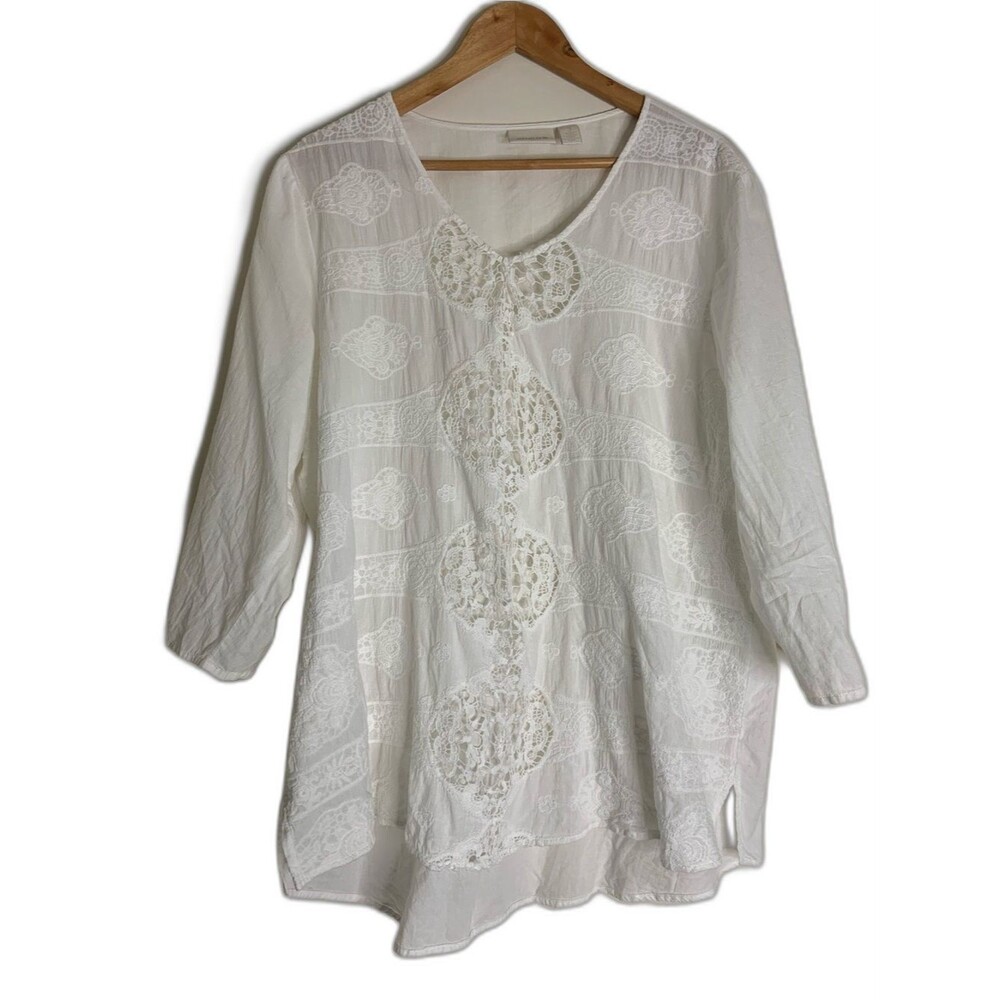Chico’s White Boho Cotton Lace Panel V-Neck Women Semi Sheer Top Blouse 3 XL